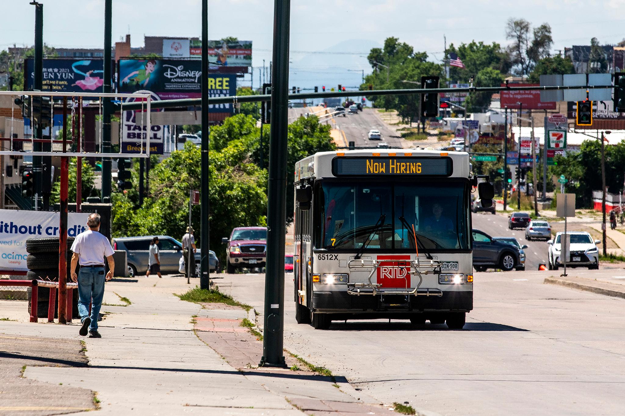 This RTD bus on Federal Boulevard says the agency is hiring. July 12, 2023.