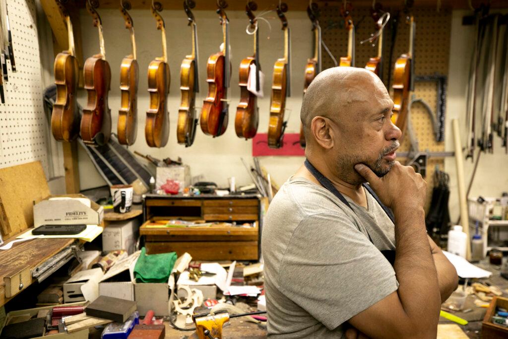 Rick Benjamin on the job in Kolacny Music's Denver workshop. July 22, 2023.