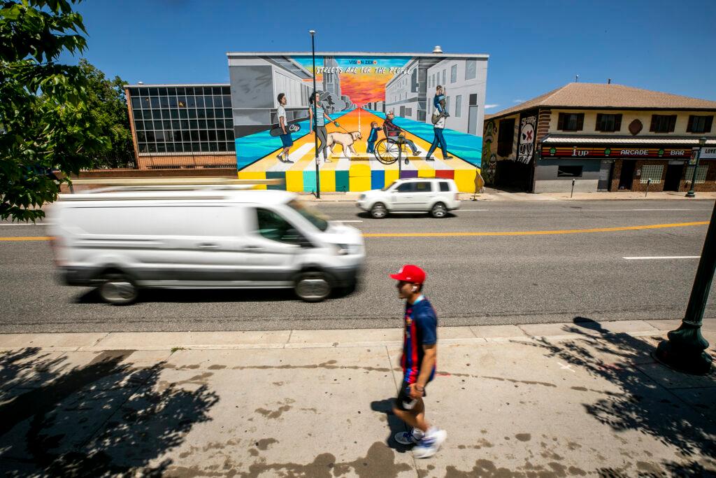 A big Vision Zero mural on East Colfax Avenue. July 12, 2023.