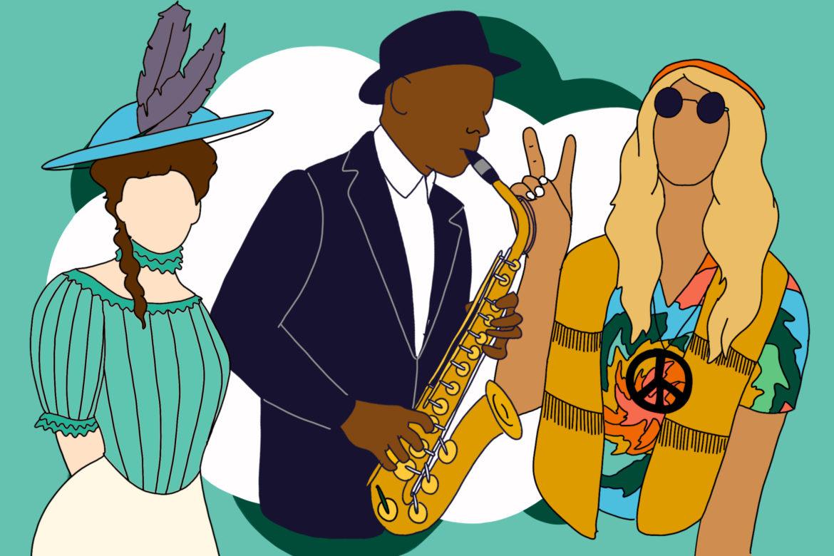 Illustration of saxophone player, hippie and woman in the 40s