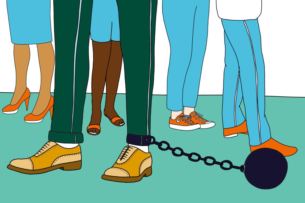 Illustration of five pairs of legs and a ball and chain