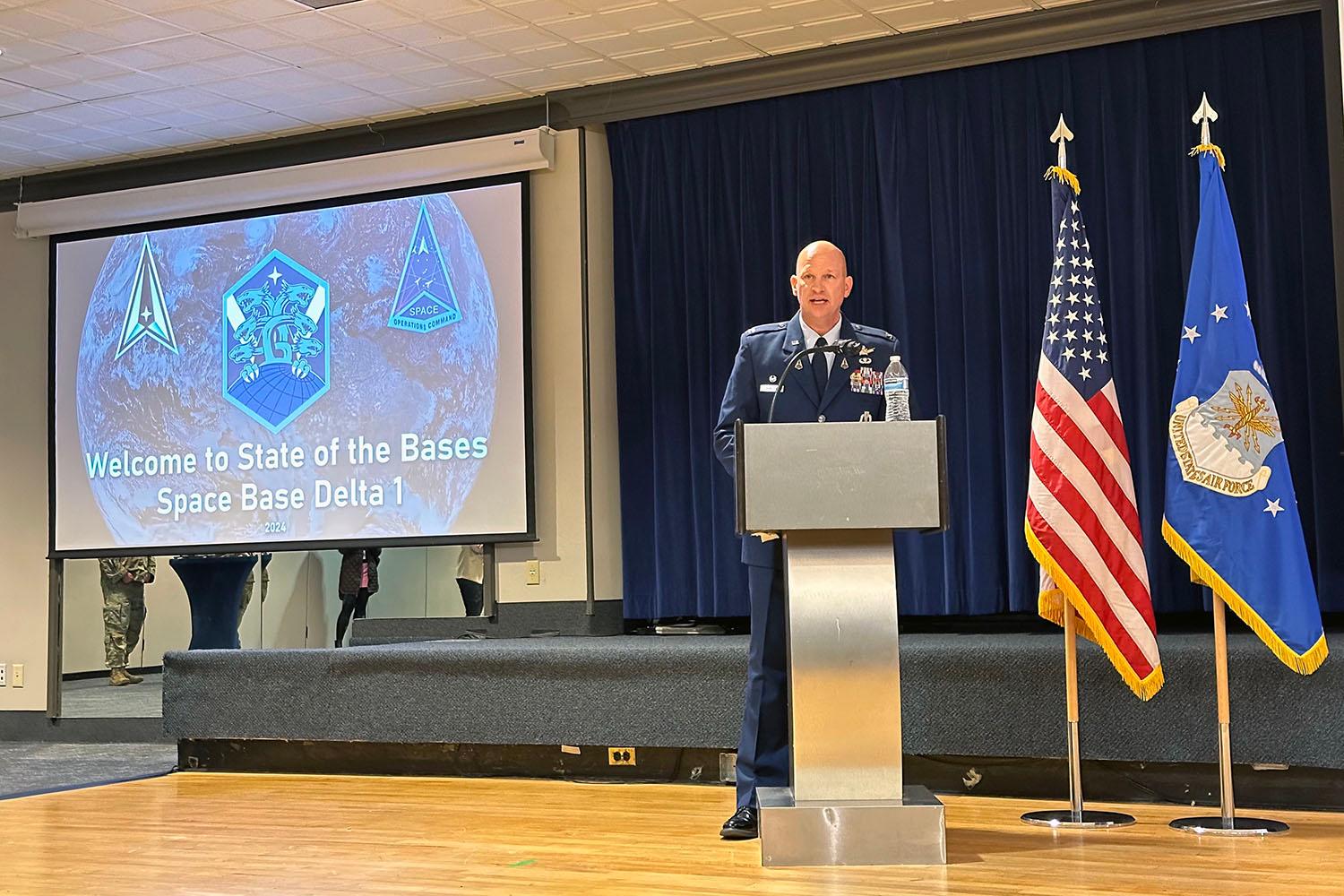 Space Base Delta 1 Cmdr., Col. David Hanson delivers the annual “State of the Bases” event at Peterson Space Force Base on March 8th, 2024.