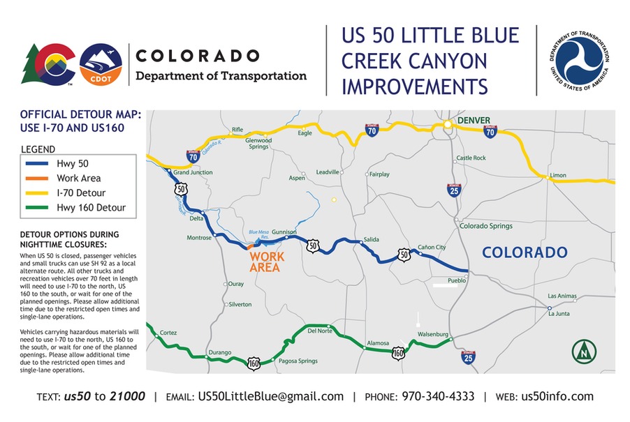 A picture of a map that highlights the northern and southern detours for Highway 50 between Montrose and Gunnison.