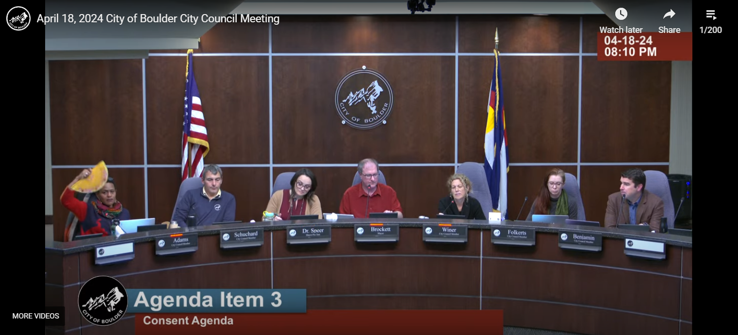 A screen grab from the YouTube video streaming Boulder City Council members meeting on Thursday, April 18, 2024.