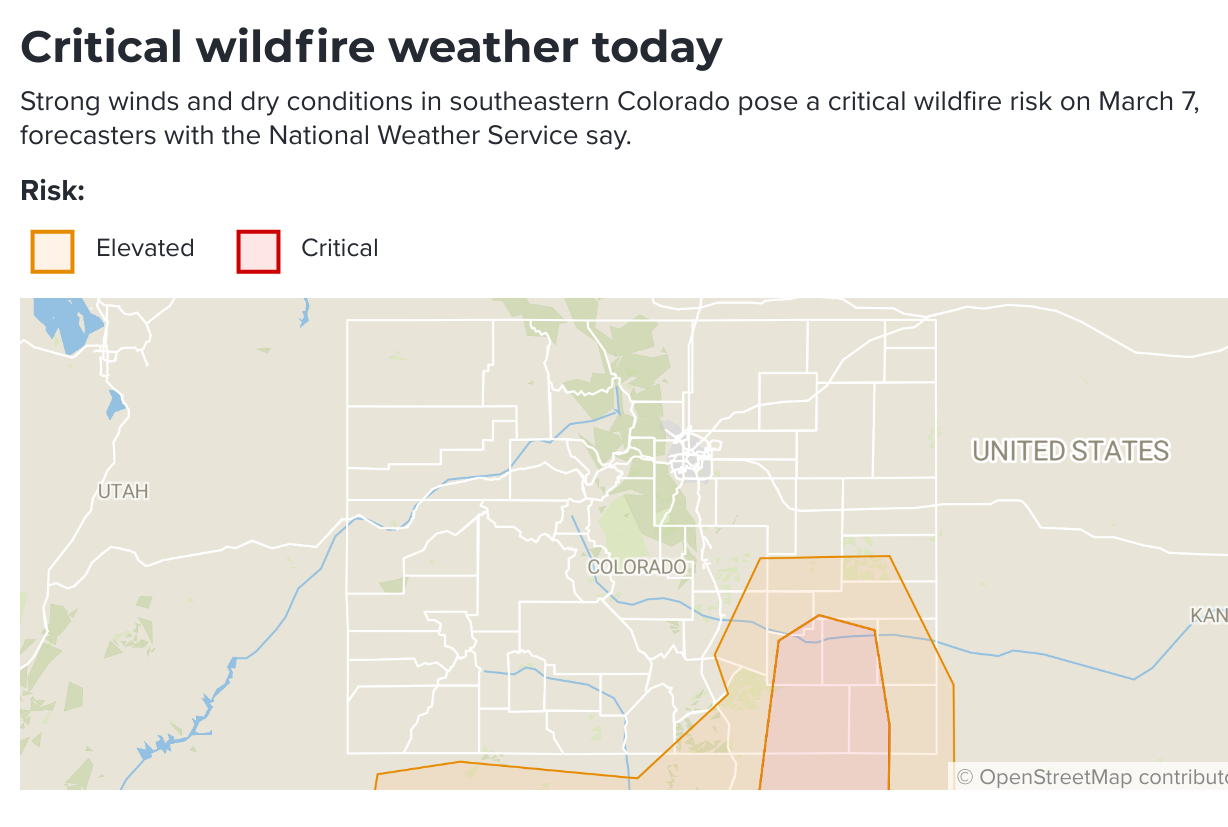 A map showing areas with elevated and critical wildfire weather for May 7, 2024.