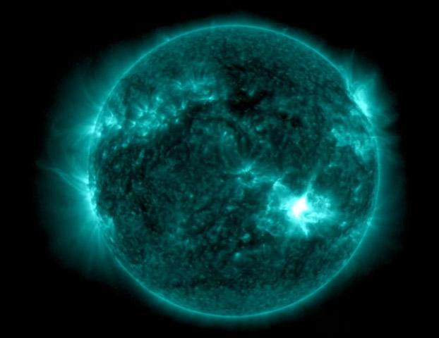 An image of a sunspot captured by a satellite showing a sunspot cluster responsible for a solar storm.