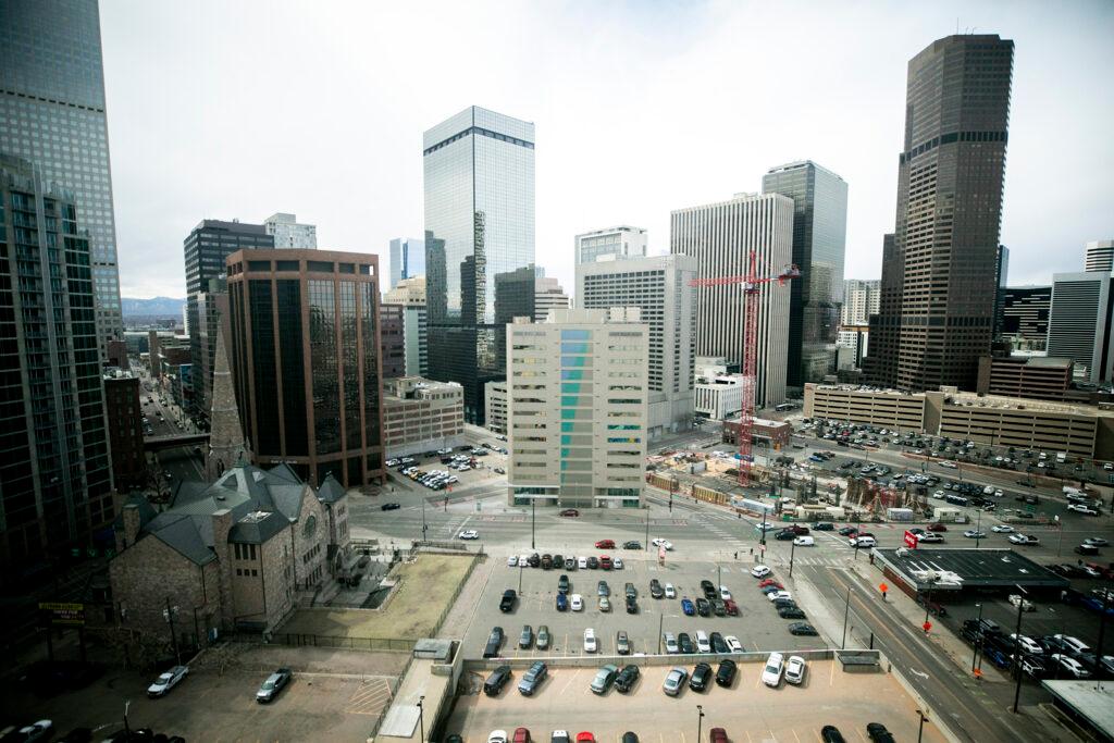 Parking lots along Lincoln Street in downtown Denver. March 23, 2023.