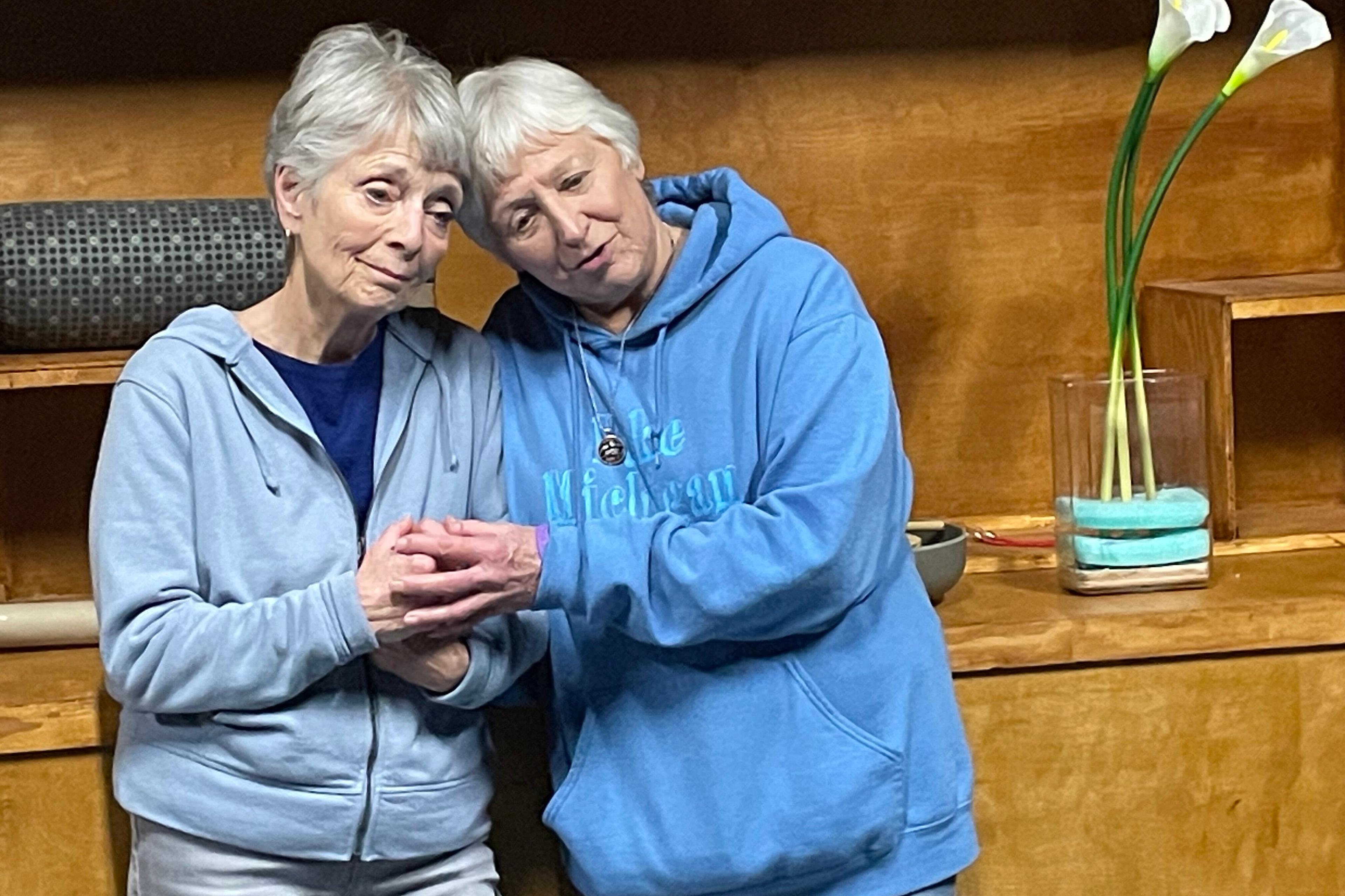 Billie McBride, left, and Anne Oberbroeckling at rehearsal for “The Heartbeat of the Sun” at the Cherry Creek Theatre.