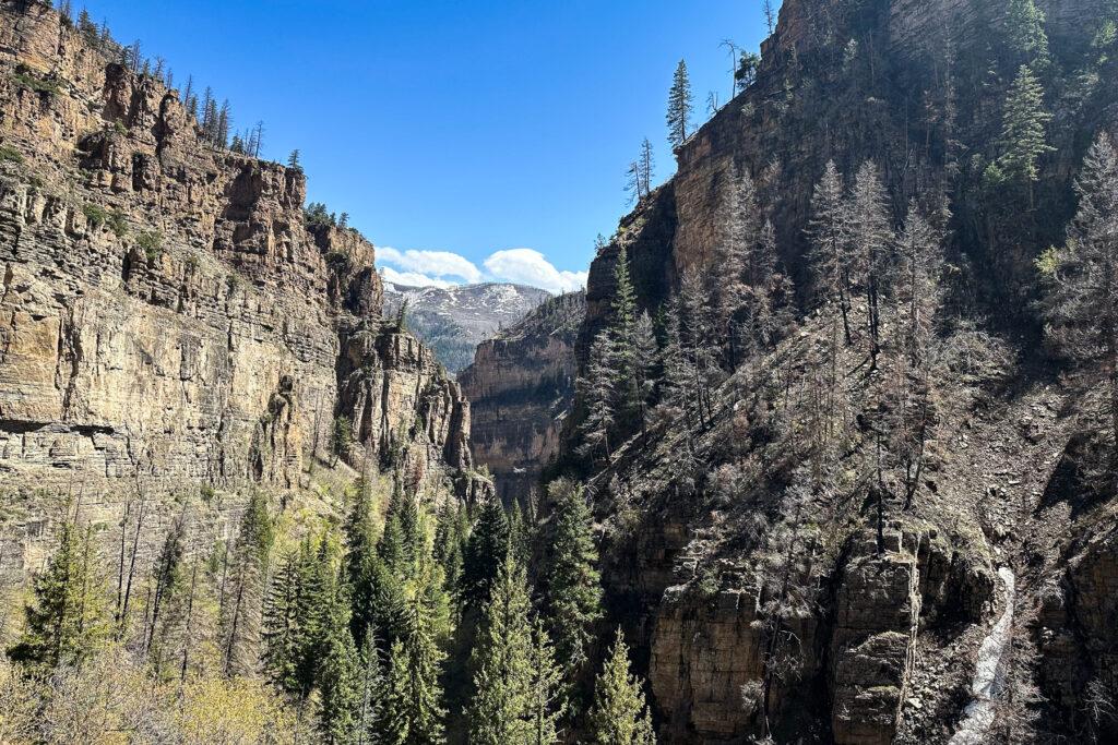 Canyon walls with pine trees along a hiking trail up to Hanging Lake in Glenwood Canyon