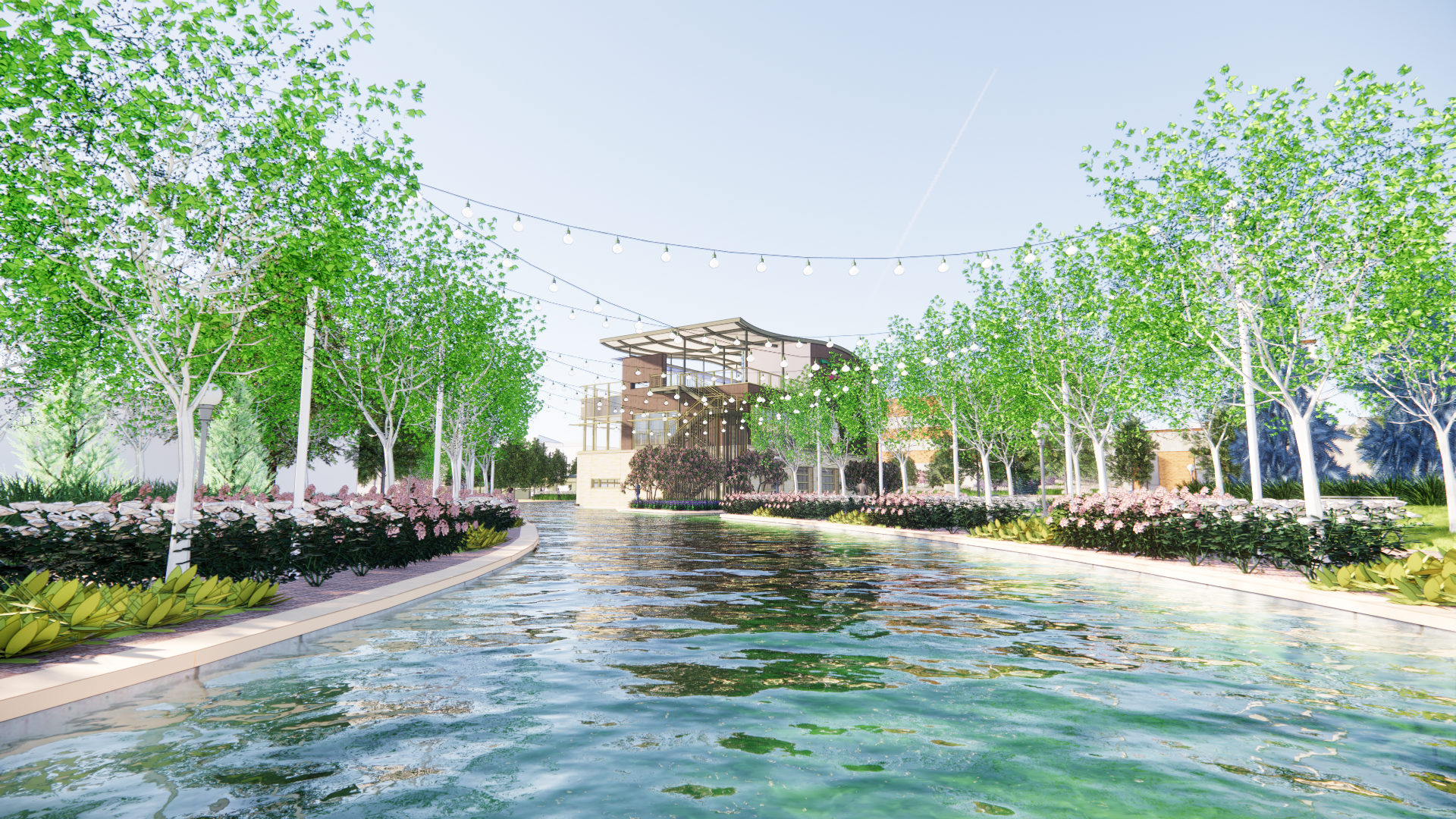 An artist's rendering shows a manmade waterway lined by trees and flowers leading to a modern style three level building