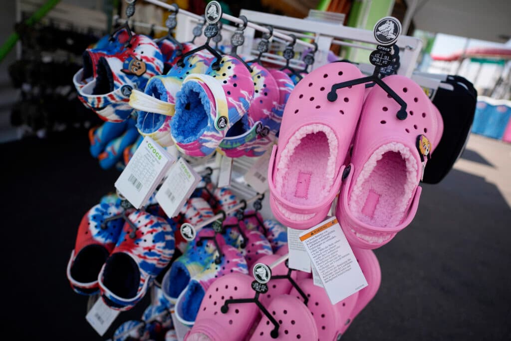 A display of Crocs stands