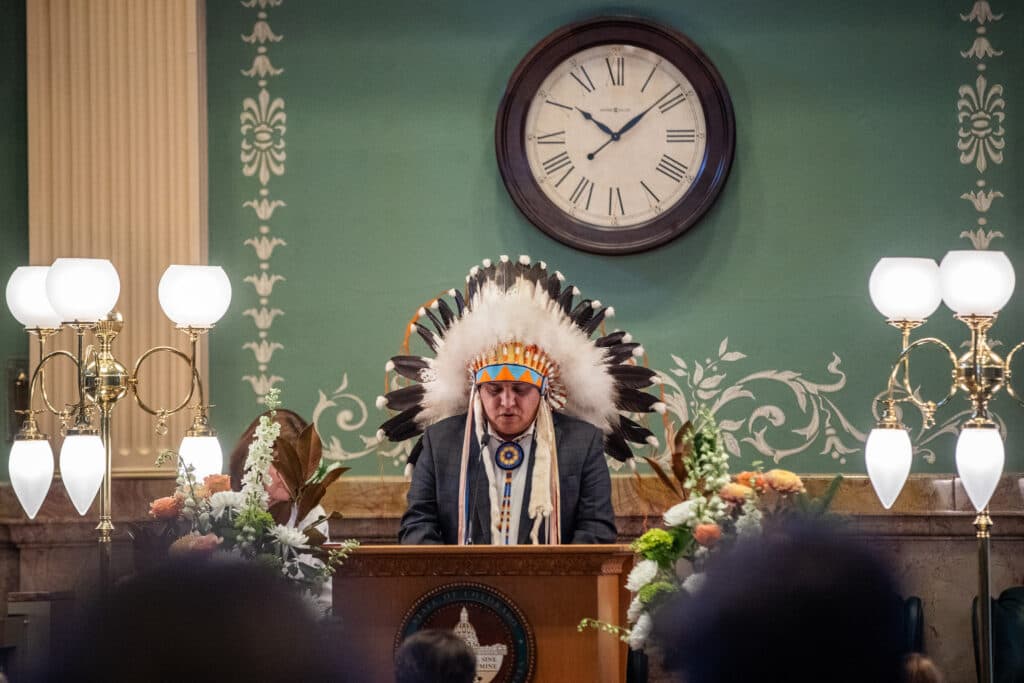 Ernest House Jr., Ute Mountain Ute, delivers a land acknowledgement on the opening day of the Colorado Legislature