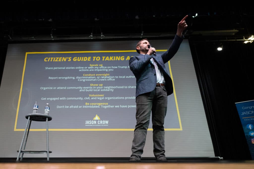 Democratic Rep. Jason Crow holds a town hall in Aurora