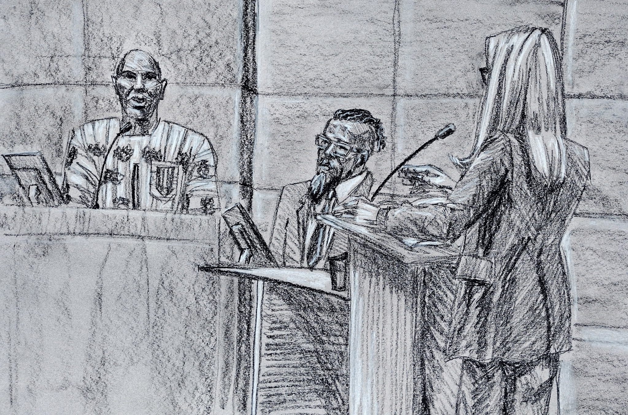 A black and white courtroom sketch of defendant Michael Correa who is on trial in federal court in Denver for acts of torture.