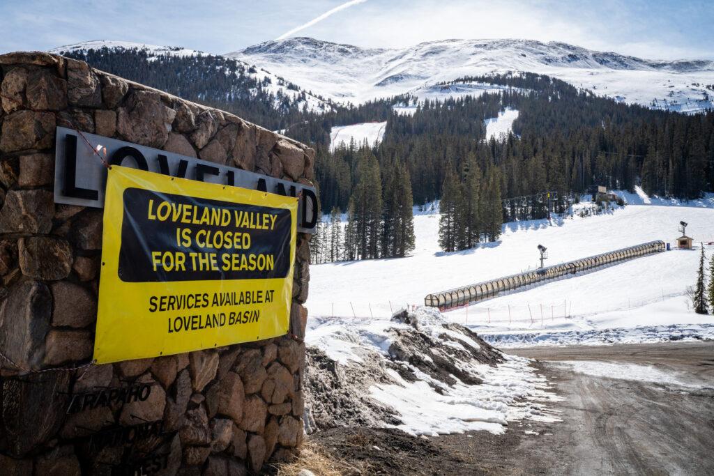A sign says closed for the season at Loveland Valley ski area