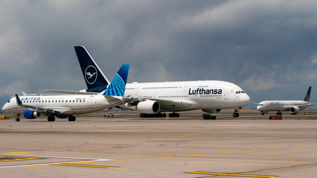 Lufthansa German Airlines A380 Lands At Denver Airport