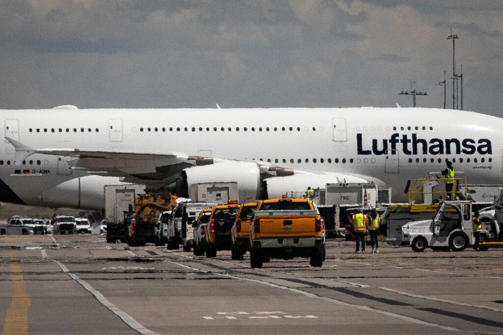 Lufthansa German Airlines A380 Lands At Denver Airport