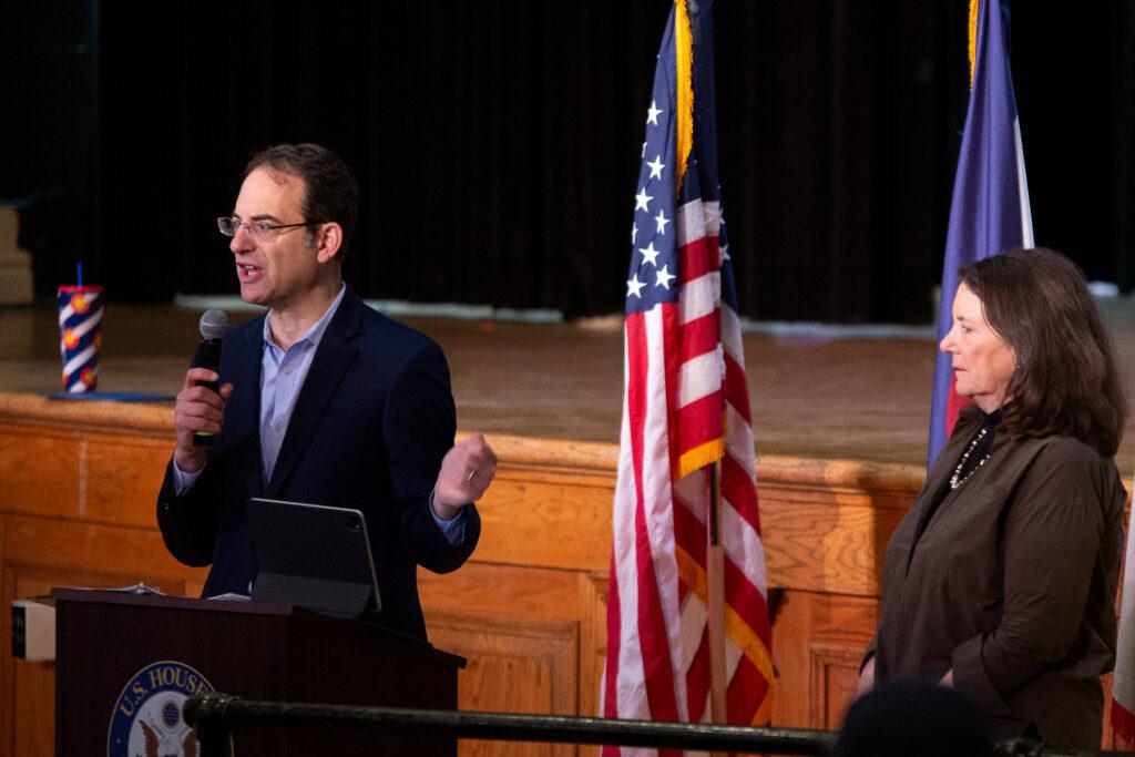 Rep. Diana DeGette and Attorney General Phil Weiser attend a town hall at South High School