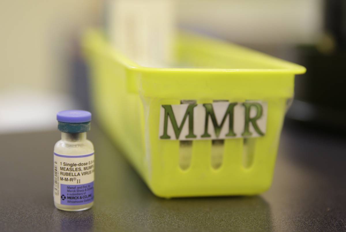 A vial of a measles, mumps and rubella vaccine