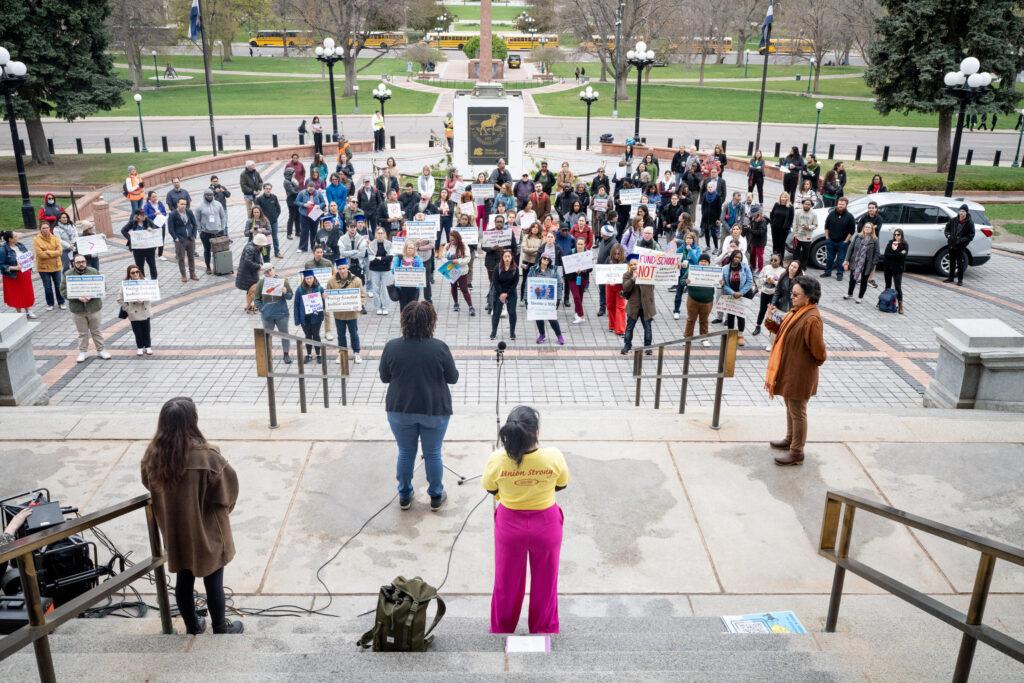 Educators gather at the Capitol in Denver to protest cuts to federal funding