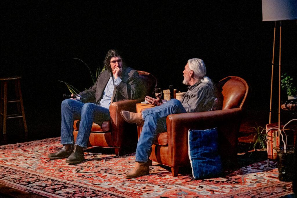 Colorado journalist and author Ben Goldfarb, left, speaks with fellow environmental writer Dan Flores