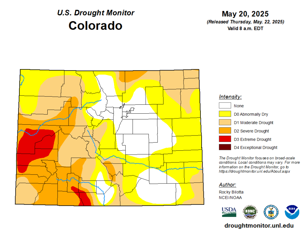 Swaths of yellows, oranges and reds indicate dry and drought conditions over Colorado. May 20, 2025