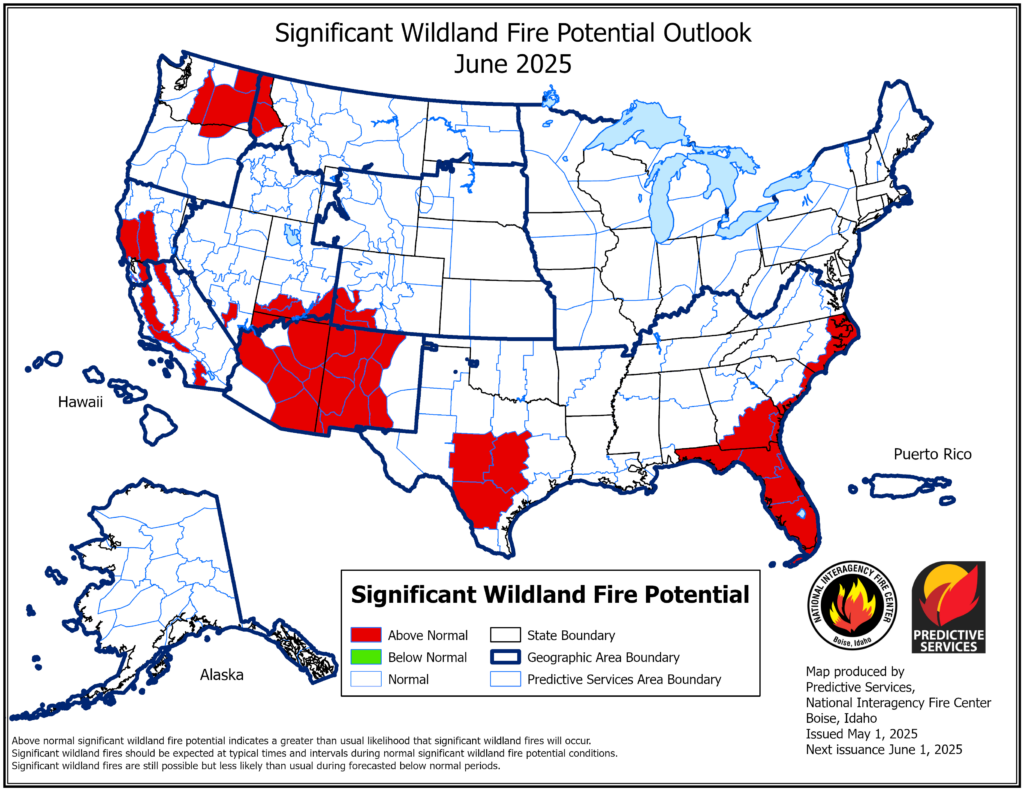 Red on a map of the U.S. indicates significant wildland fire potential for June 2025, including Southwestern Colorado.