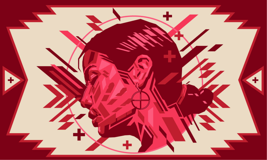 A stylized red and pink painting of a woman's face with a red handprint covering her mouth, symbolizing the Missing and Murdered Indigenous Women movement.