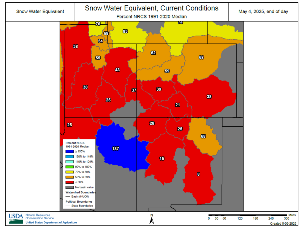A map showing with a lot of red on it indicating low snow water equivalents.