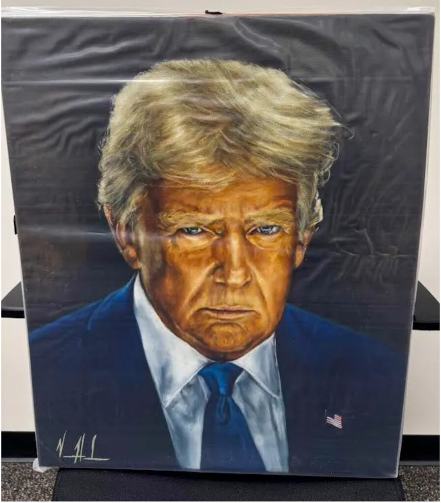 A painting of president Trump, wrapped in clear plastic and sitting on a chair