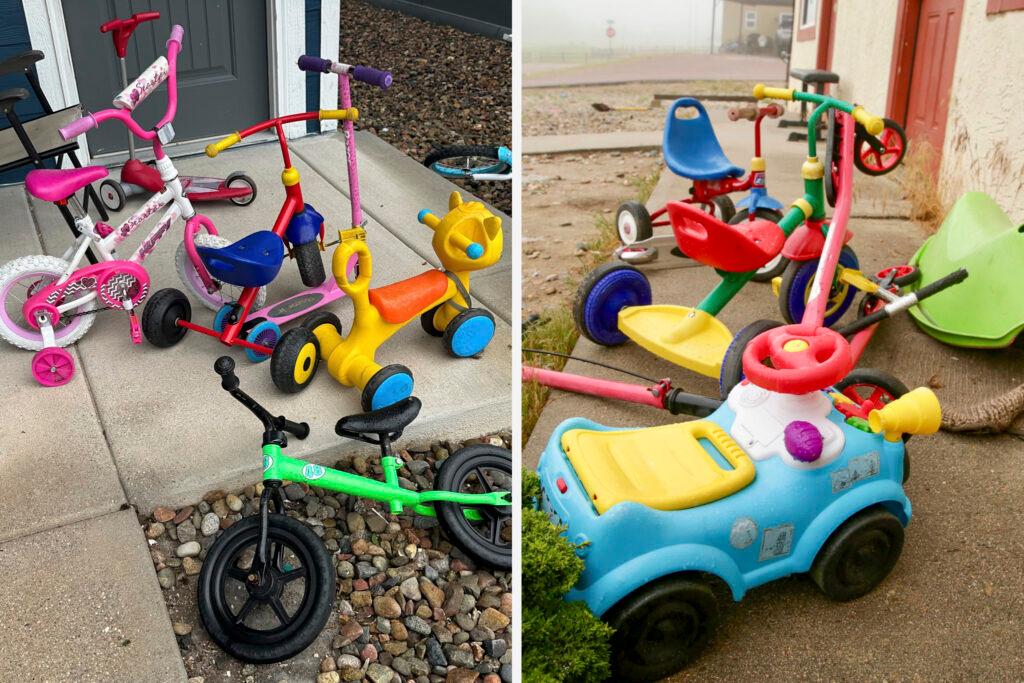 The image features a side-by-side comparison of a group of children's toys, including a variety of bicycles and a car. The toys are arranged in a way that highlights their differences and similarities. The scene is set outdoors, with the toys placed on a sidewalk or driveway.