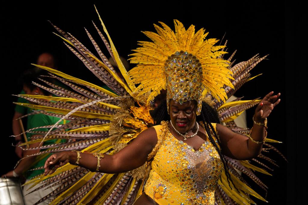 A dancer in a bright yellow, jeweled leotard with a matching yellow feathered headdress twists her hips in a dance move. On her back, she wears an elaborate, large feathered accessory that almost looks like wings.