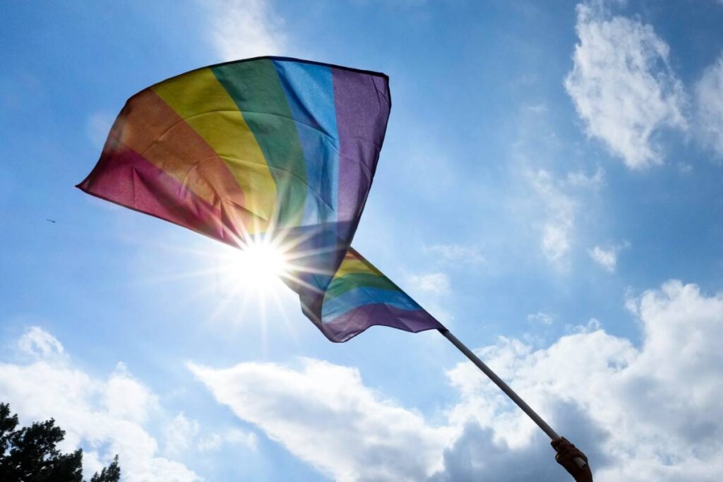 Pride flag held in the air