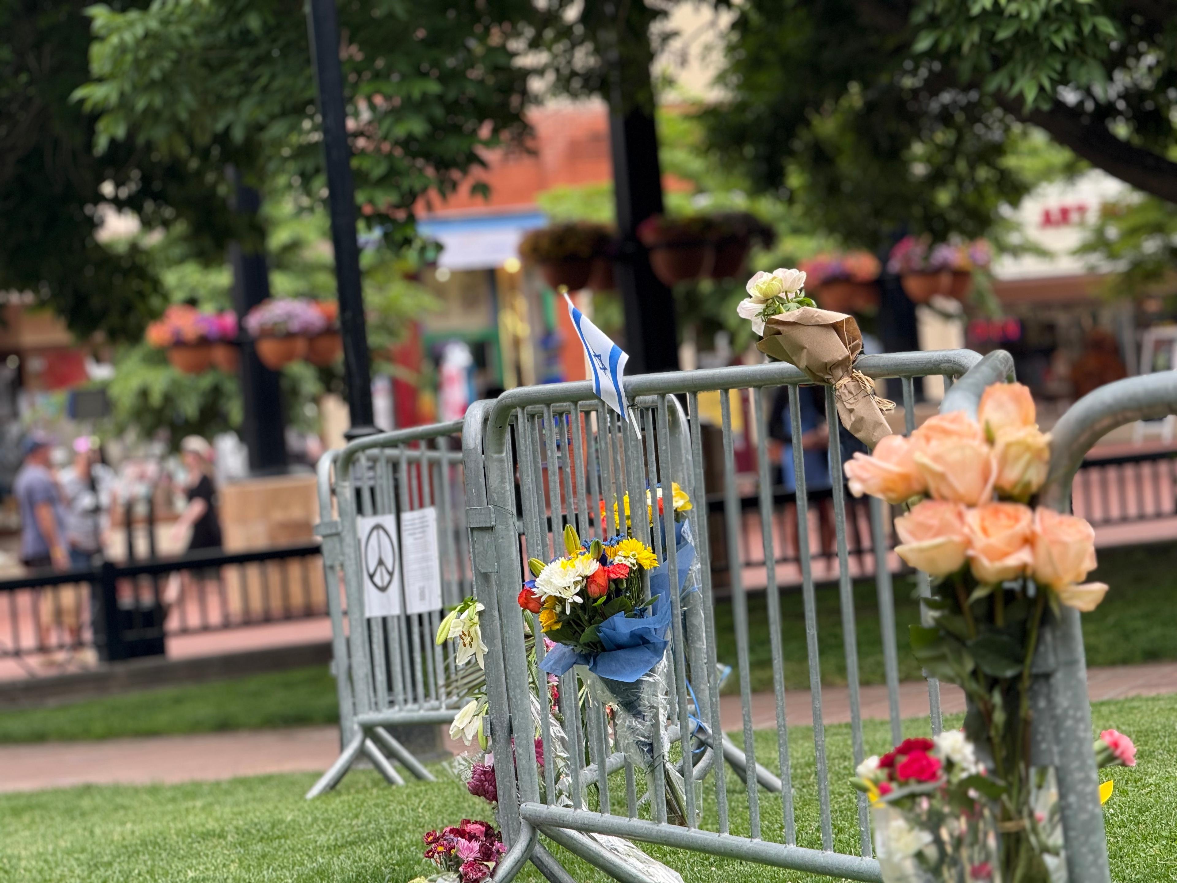 Multicolored flowers stick through a gate in a park.