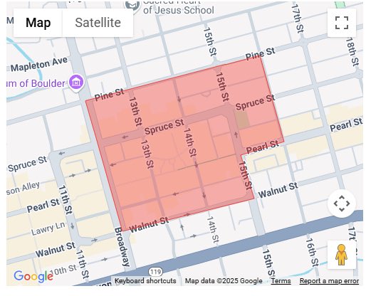 A google map of downtown boulder with the evacuation area shaded in red