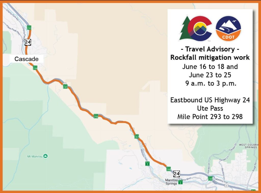 Road Closure on US Highway 24 from Cascade and Chipita Park to Manitou Springs