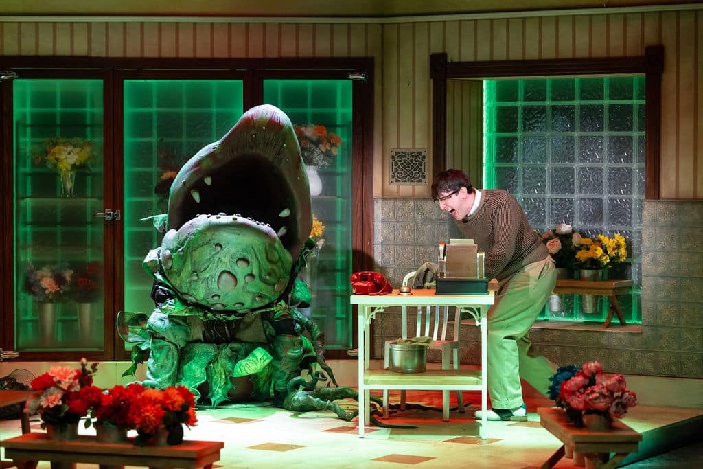 A man and a human-sized venus flytrap plant sing on stage.