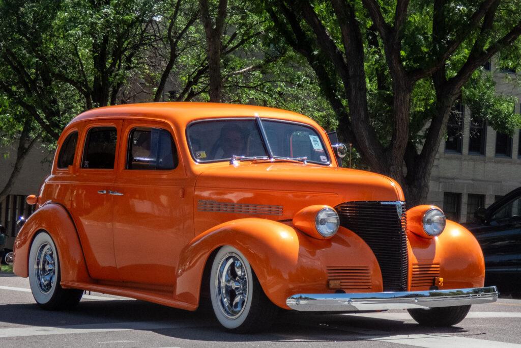 brightly colored classic car