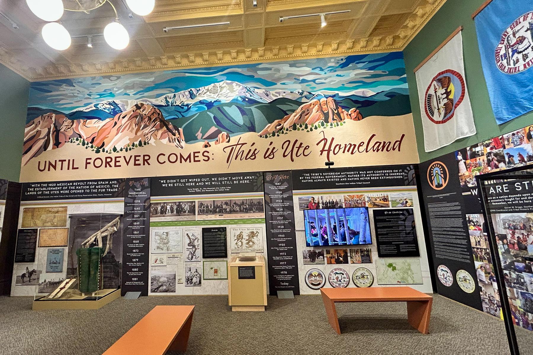 Photo shows an exhibit with three display areas at the Pioneers Museum in Colorado Springs elevating Ute culture and history.