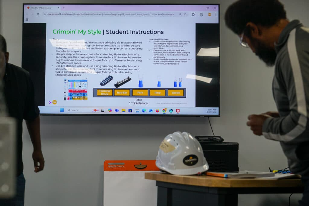 A television screen displays a powerpoint presentation