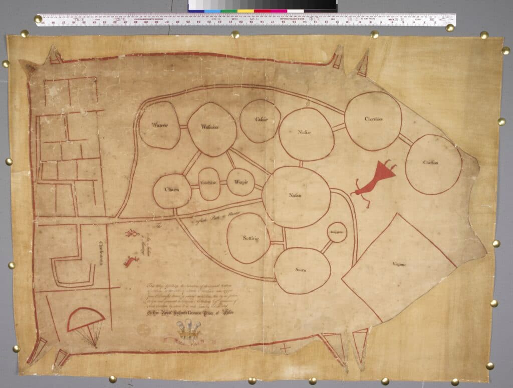 Hand-drawn deerskin map from around 1720, depicting tribal nations of the Southeast with circular representations and symbolic connections.