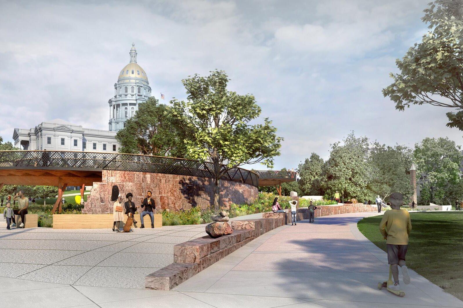 A rendering of a large pedestrian bridge, connecting the state Capitol and the park on the other side of Lincoln St.