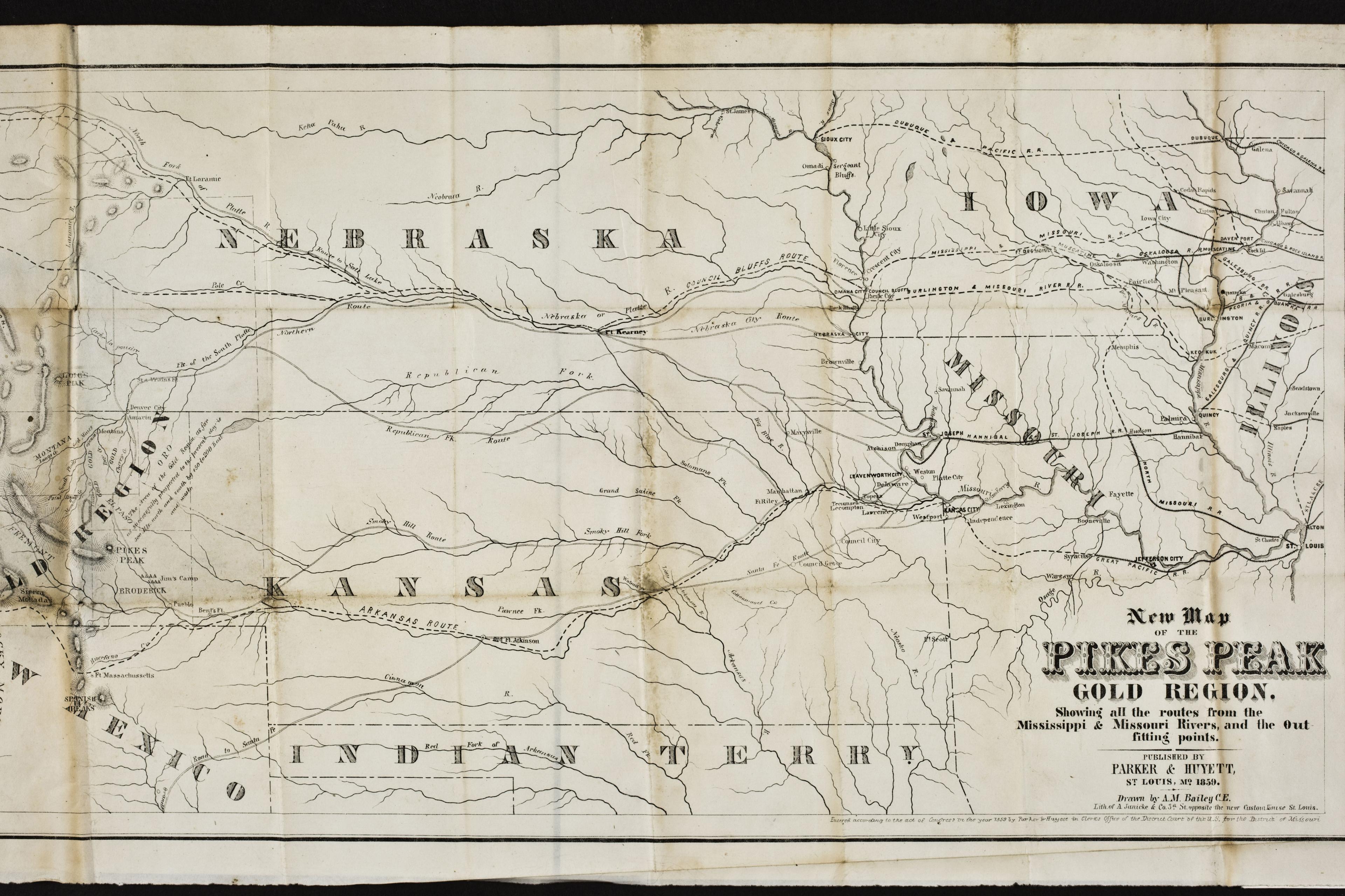 1859 map showing routes from Missouri River to the Pikes Peak gold region, promoting outfitting points like St. Louis.