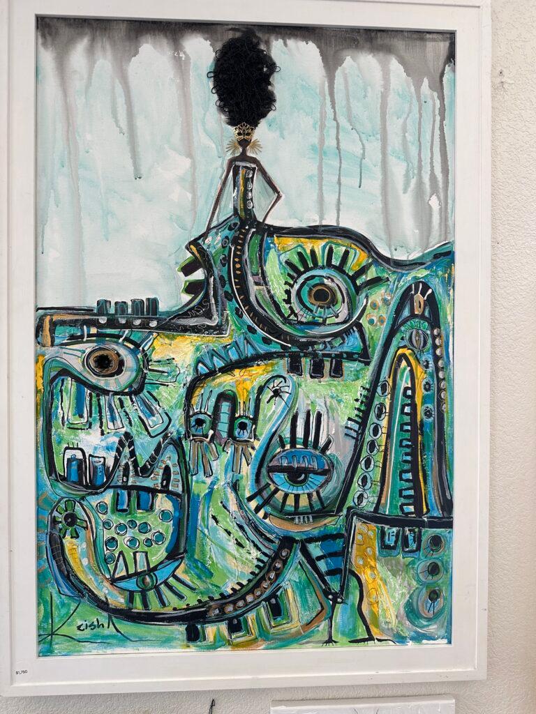 abstract painting of a woman with a skirt that has an abstract desing