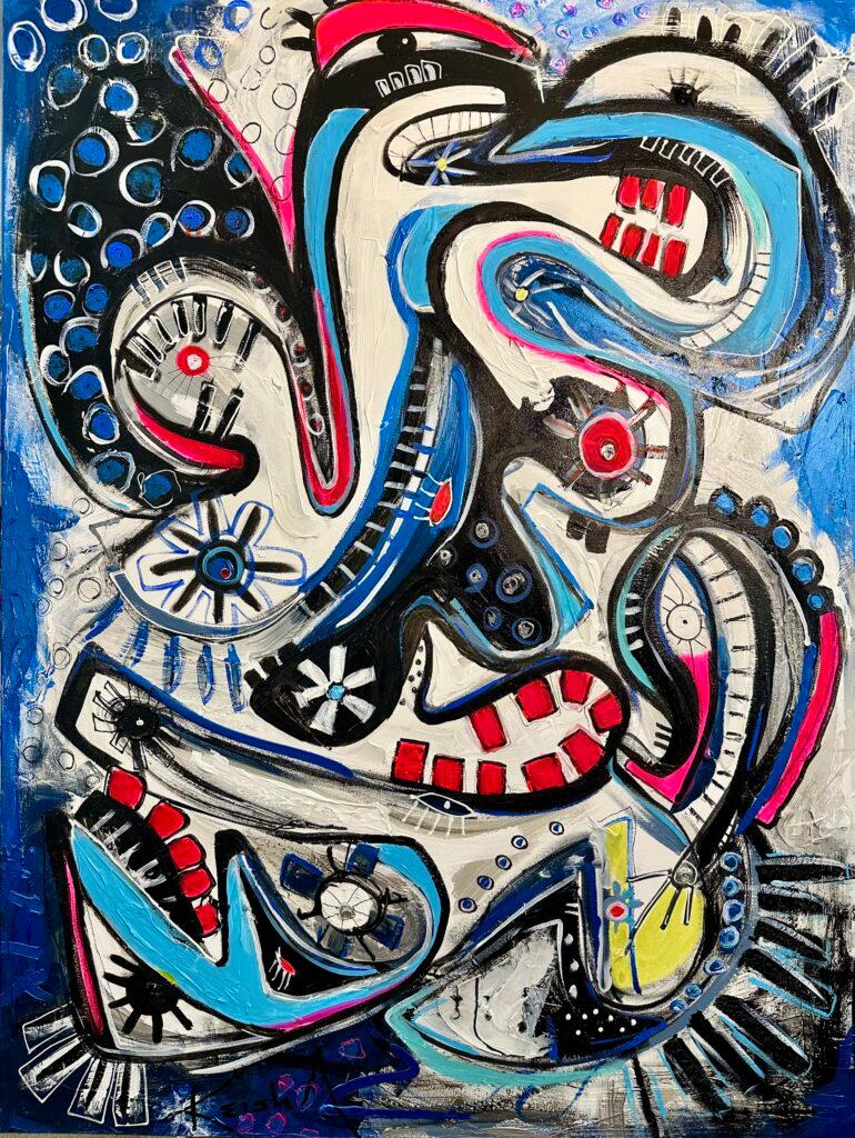 abstract painting in red, blue, black and white