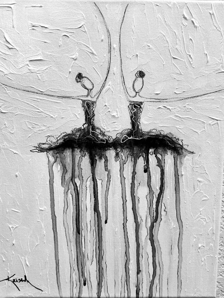 a photo of a piece of artwork representing two ballerinas, their legs being made with dripped watercolor paint.