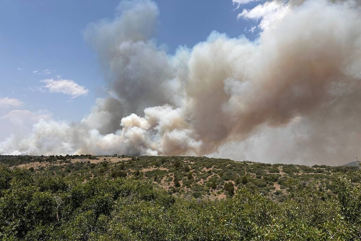 Smoke rising from a fire in the distance.