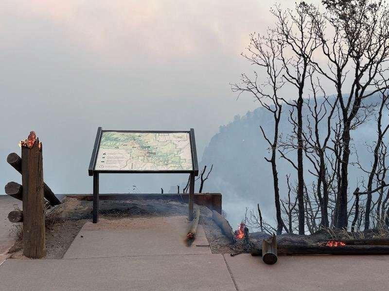 Charred trees and a map at the South Rim fire at Black Canyon National Park