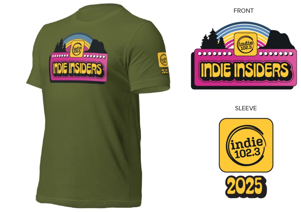 Mockup of the Indie Insiders 2025 tshirt, in olive green featuring the Indie Insiders logo on the front, Indie 102.3 logo on the sleeve in yellow, and the year 2025