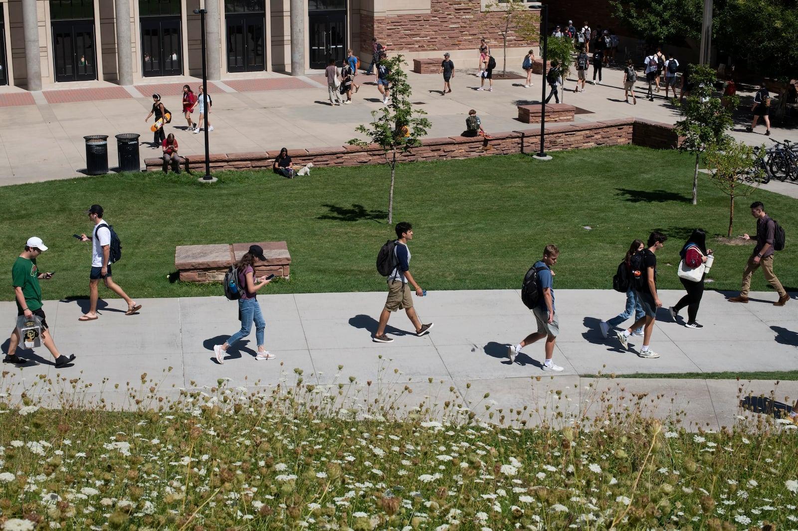 Several students with backpacks walking on a sidewalk next to grassy patches
